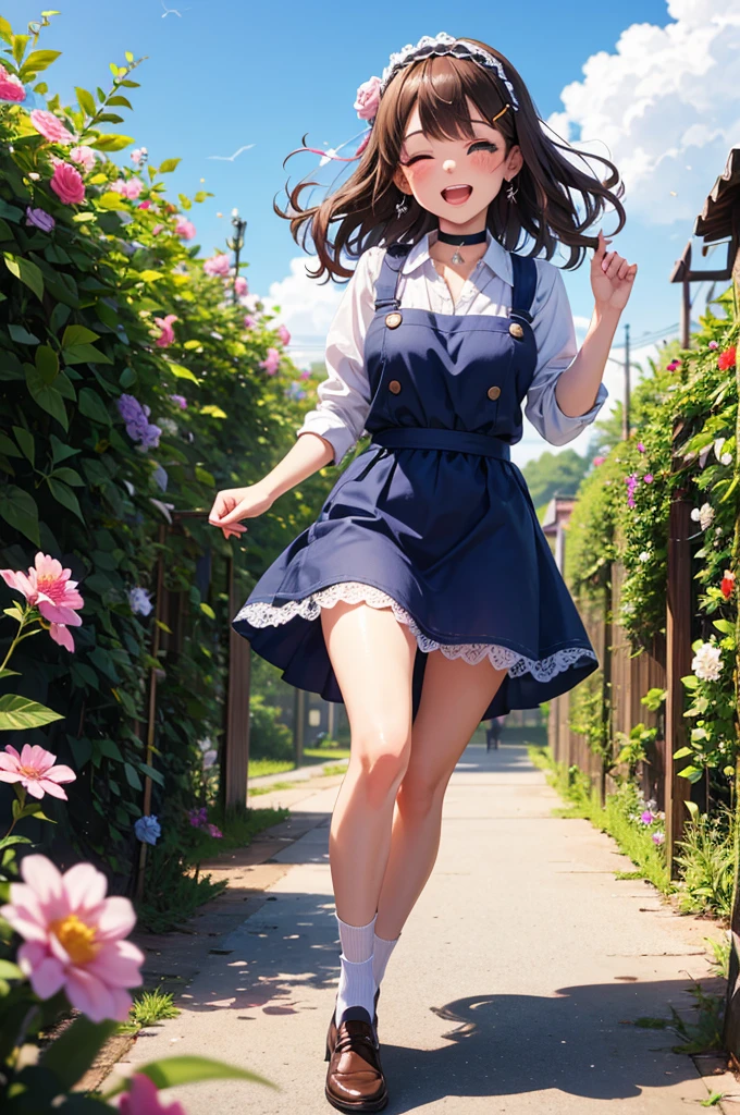 masterpiece , Highest quality , Very detailed , 1 person, ((Contrasting Eyes)) , running , blouse, skirt , bangs , field