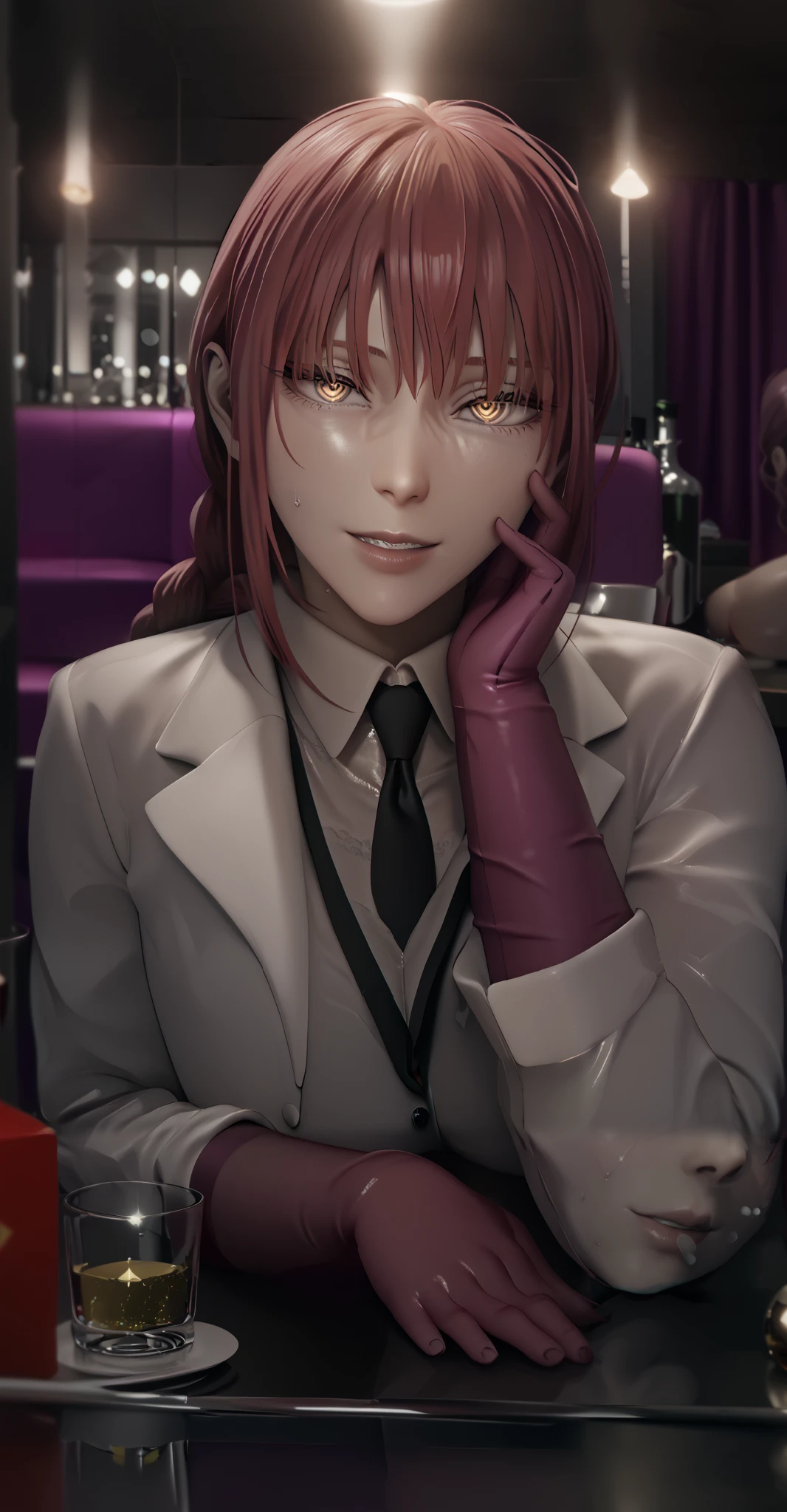 maidoll, score_9, score_8_up, score_7_up, score_6_up, uncensored, Makima, maroon hair, braided ponytail, ringed eyes, yellow eyes, naughty face, shiny skin, sweating, BREAK UHD, retina, masterpiece, accurate, anatomically correct, textured skin, super detail, high details, high quality, award winning, best quality, highres, 4K BREAK, hearts, pleasured, Expressiveh, clenched teeth, elbow gloves, head rest, table, cup, head rest, gloves, necktie, bokeh, spotlight, looking at viewer, half-closed eyes, shaded face, 