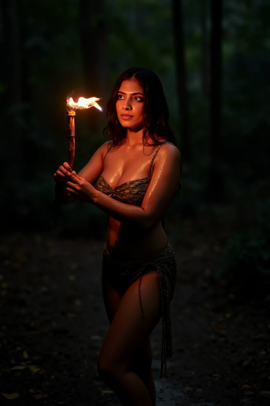 Ultra-realistic digital art of a woman standing in the heart of a dark forest at night, her sweat-covered skin glowing as a faint orange flame burns at the tip of a branch she holds upright. The firelight dances across her face and torso, casting fleeting shadows on her damp, shining skin. Around her, the forest feels alive with darkness, the shapes of trees blending into the void as embers rise into the air.