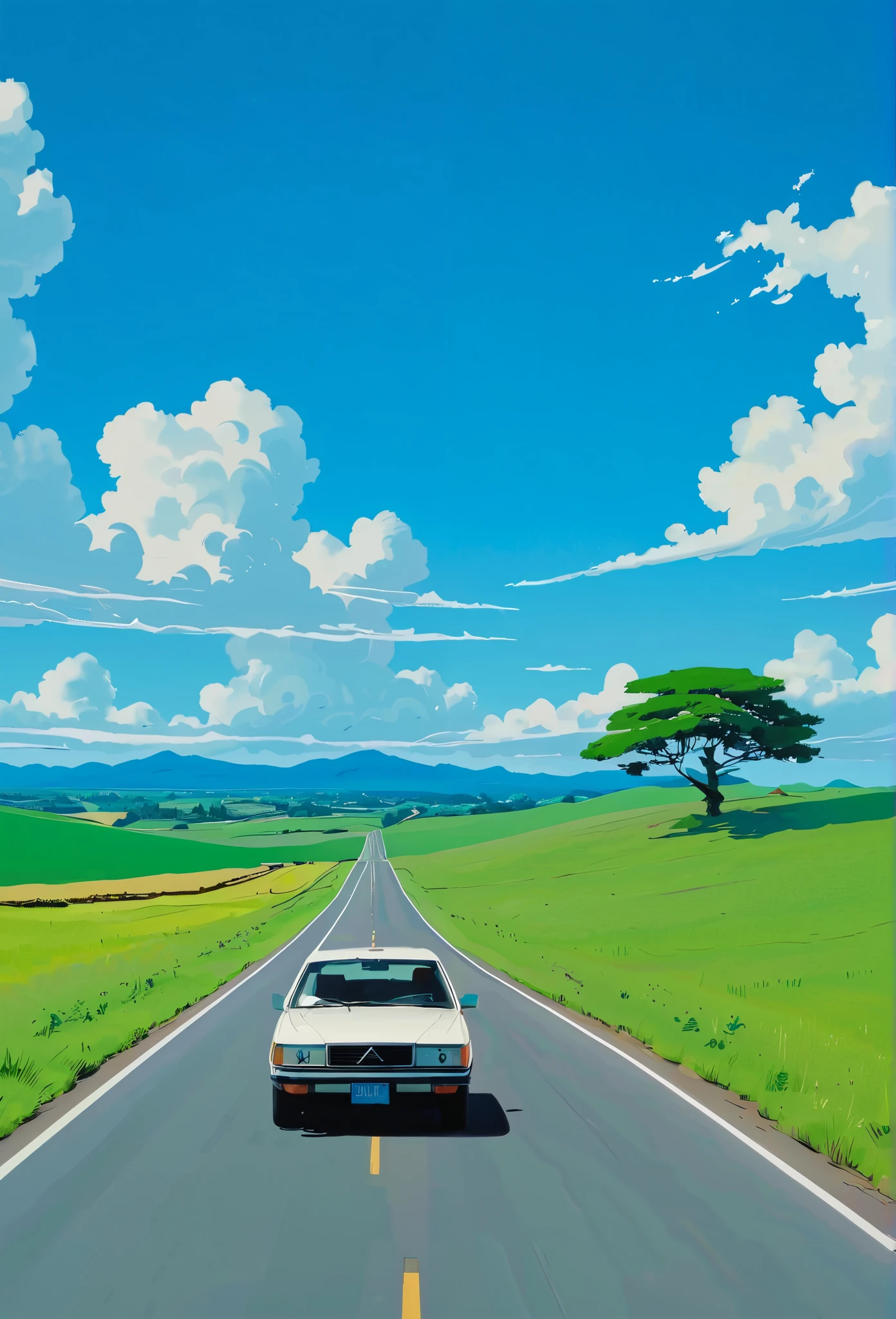 (minimalism:1.4), a Car on the road, Studio Ghibli art, Miyazaki, pasture with blue sky and white clouds