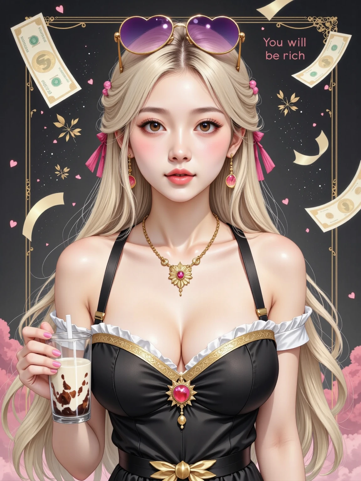 The beautiful girl Shui Bingyue is wearing a black vest, a golden heart-shaped necklace, blond hair, and heart-shaped pink and purple sunglasses. She is holding a cup of milk tea in her mouth. There is money floating in the sky above the screen. "You will be rich" written in the blank space, with black and pink background