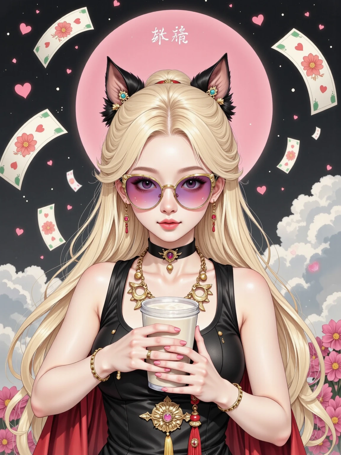 The beautiful girl Shui Bingyue is wearing a black vest, a golden heart-shaped necklace, blond hair, and heart-shaped pink and purple sunglasses. She is holding a cup of milk tea in her mouth. There is money floating in the sky above the screen. "You will be rich" written in the blank space, with black and pink background