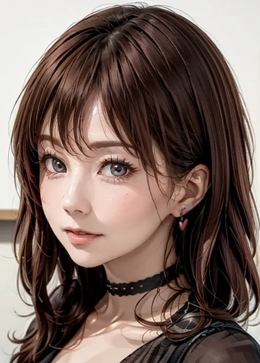 masterpiece, best quality , ultra detail ,8k,Detailed light,Detailed Shadows,born, ( detailed skin),( realistic:1.2),
 from the side 1 girl ,face,
Pilyeon,  Audience ,  choker ,  necklace, piercing above spo,  white background, heart,   closed mouse,  gray eyes,   simple background, ear  piercing above spo, black  choker , 笑face,  eyelash , lips, emotional composition, bangs,  finger tip 
