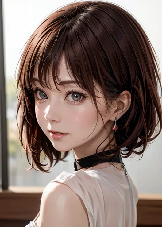 masterpiece, best quality , ultra detail ,8k,Detailed light,Detailed Shadows,born, ( detailed skin),( realistic:1.2),
 from the side 1 girl ,face,
Pilyeon,  Audience ,  choker ,  necklace, piercing above spo,  white background, heart,   closed mouse,  gray eyes,   simple background, ear  piercing above spo, black  choker , 笑face,  eyelash , lips, emotional composition, bangs,  finger tip 
