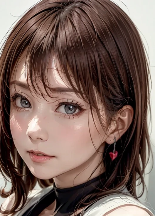 masterpiece, best quality , ultra detail ,8k,Detailed light,Detailed Shadows,born, ( detailed skin),( realistic:1.2),
 from the side 1 girl ,face,
Pilyeon,  Audience ,  choker ,  necklace, piercing above spo,  white background, heart,   closed mouse,  gray eyes,   simple background, ear  piercing above spo, black  choker , 笑face,  eyelash , lips, emotional composition, bangs,  finger tip 
