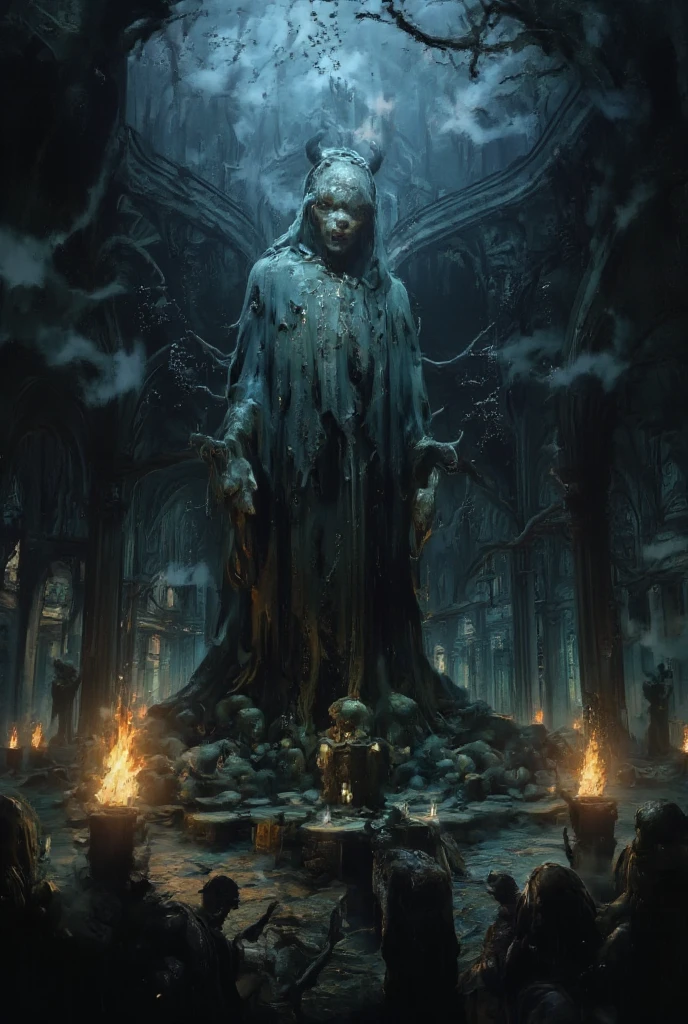 An anime, a work of art, the theme of which is "The Cursed Statue Deep in the Forest", a cursed statue enshrined in a devil-worshipping cult temple hidden away in the depths of the forest, the terror of the curse, the terrifying expression created by the shadow of the statue lit by the light of burning torches in the misty forest at night, a hidden presence.