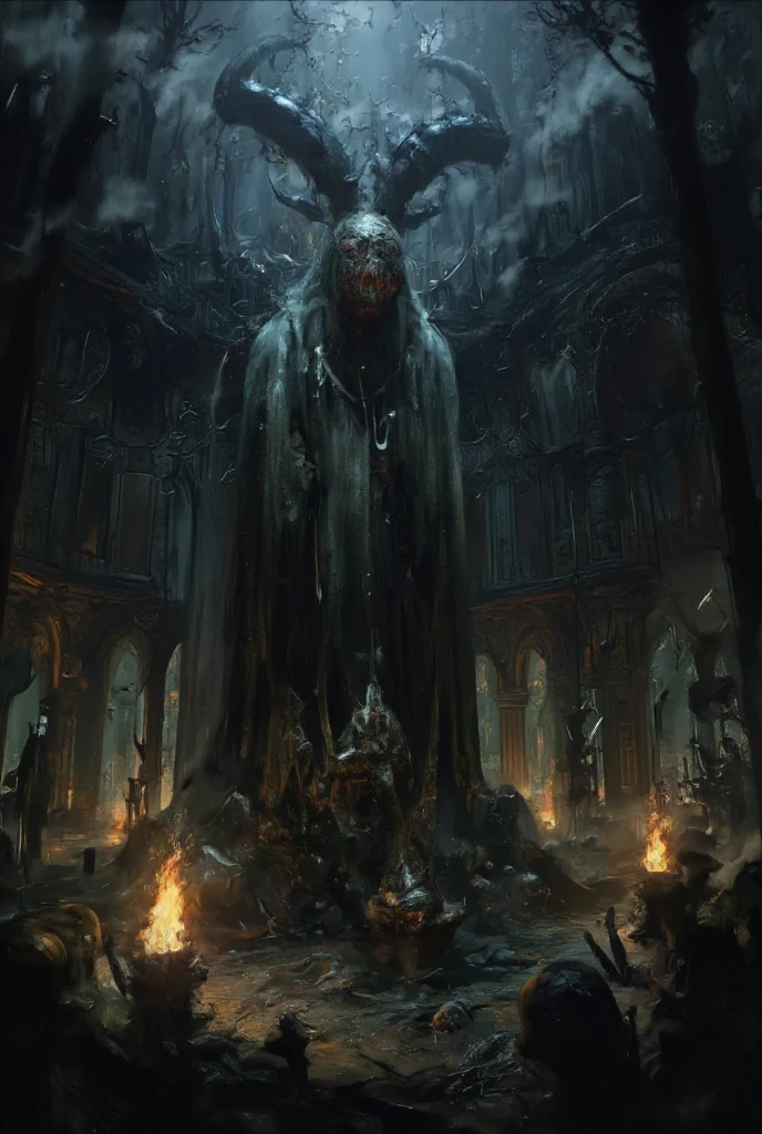 An anime, a work of art, the theme of which is "The Cursed Statue Deep in the Forest", a cursed statue enshrined in a devil-worshipping cult temple hidden away in the depths of the forest, the terror of the curse, the terrifying expression created by the shadow of the statue lit by the light of burning torches in the misty forest at night, a hidden presence.