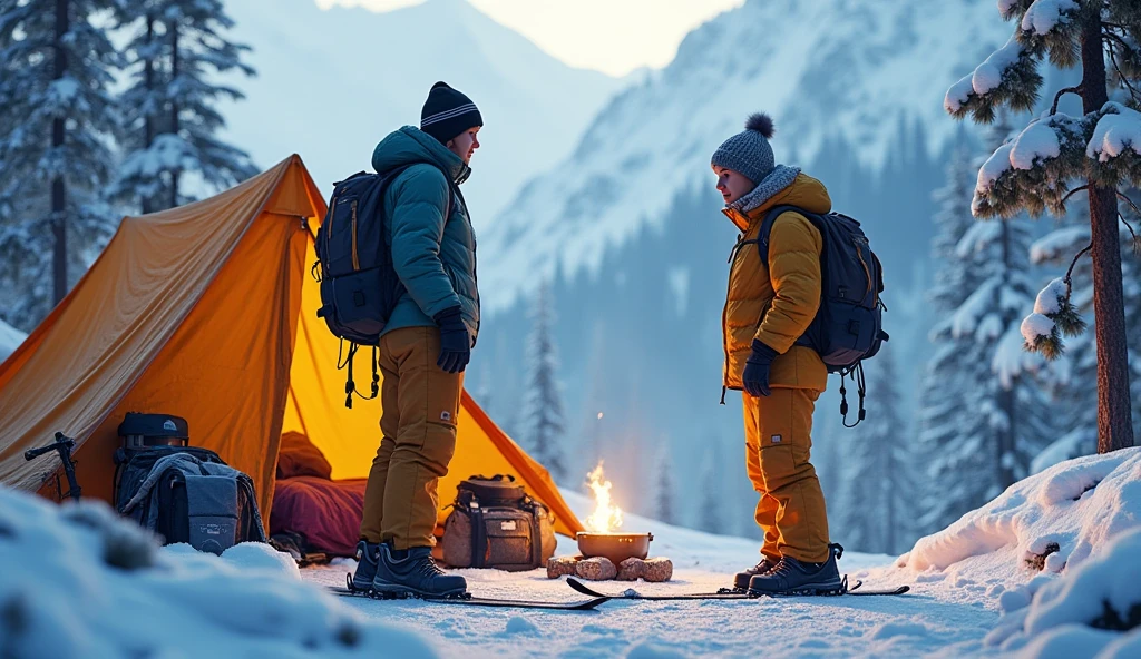 Snow Mountain Camping、Pointing skis to the side of the tent、Boil water on the stove、Male and female couple skiers eating cup ramen noodles、The area is a snowy field、You can see steep mountains in the distance、Perfect Ray Tracing、Dramatic Writing、concept-art、Highly detailed background,Realistic,ultra-detailliert,super detailed skin,light glow,Film grain,Expro II,Lens Flare,Sharpen,cinematic shadow
