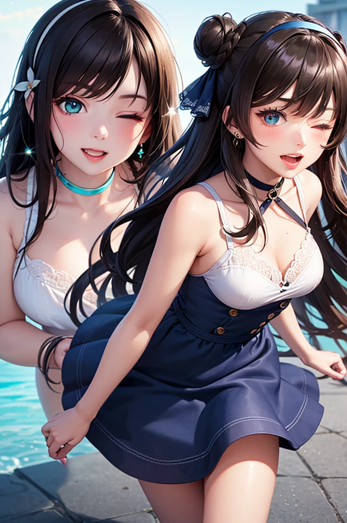 1 girl、(masterpiece,Highest quality),Street、bangs、Bare shoulders、黒いhat、Brown eyes、Brown Hair、smile、passionate、hat、Swimwear,long hair、(Underboob),camisole、looking at the camera、shoes、Shorts,solo、Are standing、Belly button piercing?