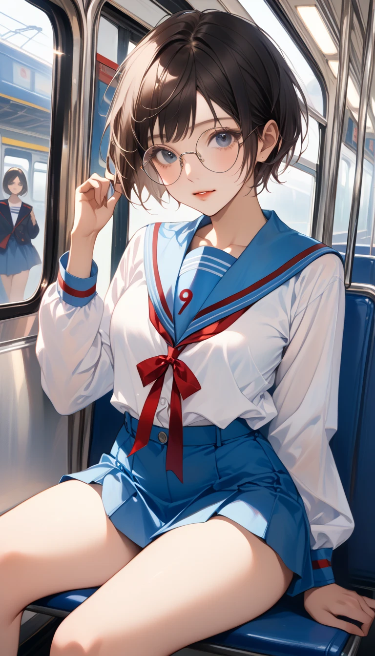 score_9, score_8_up, score_7_up, Realistic:1.2, realistic face and eyes:1.3, Realistic skin:1.3, Japanese idol photos, Beautiful young idol, 1girl, Perfect model body shape., tomboy, (very short hair, pixie cut, Black Hair), circle-glasses, (((Captivating beauty))), big eyes, double eyelid, Attractive eyes, Glossy Lips, perfect female body, Big Breasts:1.8, Cleavage, Firm stomach, thin waist, (((belly button))), Round ass:1.4, Toned thighs, Beautiful hands and feet, very good, KitaHighFemaleWinter, white shirt, blue sailor collar, long sleeves, red ribbon, blue skirt, Seductive pose, On the train, sit on the seat, Attention to detail, Anatomically correct, Textured skin, high quality