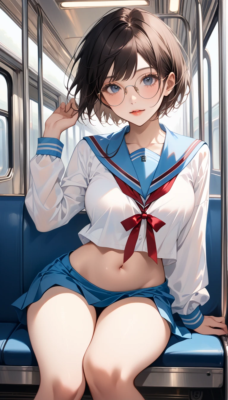 score_9, score_8_up, score_7_up, Realistic:1.2, realistic face and eyes:1.3, Realistic skin:1.3, Japanese idol photos, Beautiful young idol, 1girl, Perfect model body shape., tomboy, (very short hair, pixie cut, Black Hair), circle-glasses, (((Captivating beauty))), big eyes, double eyelid, Attractive eyes, Glossy Lips, perfect female body, Big Breasts:1.8, Cleavage, Firm stomach, thin waist, (((belly button))), Round ass:1.4, Toned thighs, Beautiful hands and feet, very good, KitaHighFemaleWinter, white shirt, blue sailor collar, long sleeves, red ribbon, blue skirt, Seductive pose, On the train, sit on the seat, Attention to detail, Anatomically correct, Textured skin, high quality