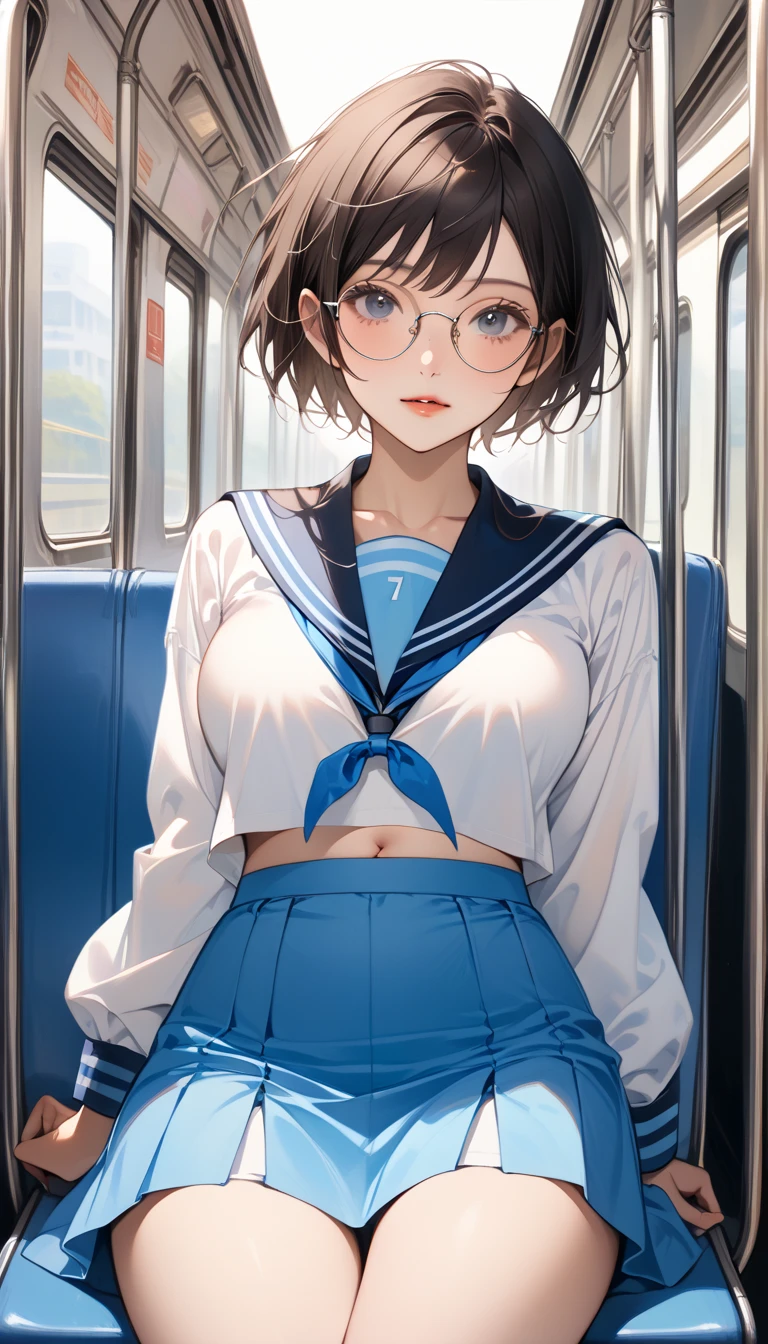 score_9, score_8_up, score_7_up, Realistic:1.2, realistic face and eyes:1.3, Realistic skin:1.3, Japanese idol photos, Beautiful young idol, 1girl, Perfect model body shape., tomboy, (very short hair, pixie cut, Black Hair), circle-glasses, (((Captivating beauty))), big eyes, double eyelid, Attractive eyes, Glossy Lips, perfect female body, Big Breasts:1.8, Cleavage, Firm stomach, thin waist, (((belly button))), Round ass:1.4, Toned thighs, Beautiful hands and feet, very good, KitaHighFemaleWinter, white shirt, blue sailor collar, long sleeves, red ribbon, blue skirt, Seductive pose, On the train, sit on the seat, Attention to detail, Anatomically correct, Textured skin, high quality