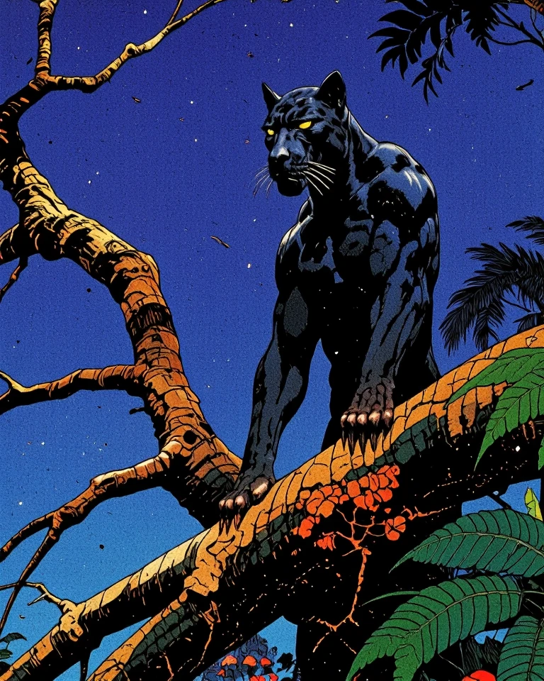 A vibrant, highly detailed, and dramatic painting. (80s Style), (Noise Effect:1.3), (VHS Grain Effect:1.2) Art style by Noriyoshi Ohrai, Art style by Moebius Jean Giraud, (masterpiece, 4k ,ultra detailed,raw photo:1.2),illustration,(symmetry:1.2),(art deco:1.4),(minimalism:1.4),(clean:1.4),(flat_color:1.4), k, HDR, highly detailed, ultra sharp
A majestic and mythic black panther humanoid, its powerful form blending almost seamlessly with the shadows of the Amazonian night. Its lithe body is poised on a sturdy branch of an ancient tree, which reaches high into the dense canopy, piercing the veil of stars scattered across the inky sky. The creature's muscles ripple with the grace of its feline heritage, each curve and contour illuminated by the soft moonlight that filters through the foliage. Its fur, as dark as the abyss, contrasts sharply with the piercing yellow eyes that gleam like twin suns in the night. These orbs of light seem to hold ancient wisdom and a fierce protectiveness of the untouched forest that surrounds it. The panther's sharp claws grip the wood firmly, leaving subtle traces of phosphorescence on the bark, hinting at its ethereal nature. The night air is alive with the symphony of nocturnal creatures, yet they all fall silent in the presence of this apex predator. Below, the forest floor is a mosaic of dark greens and blacks, with only the occasional dart of luminescent fungi or the glow of fireflies to break the spell of darkness. The panther stands as a silent sentinel, guarding the secrets of the Amazon, a living embodiment of the wild's untamed spirit.