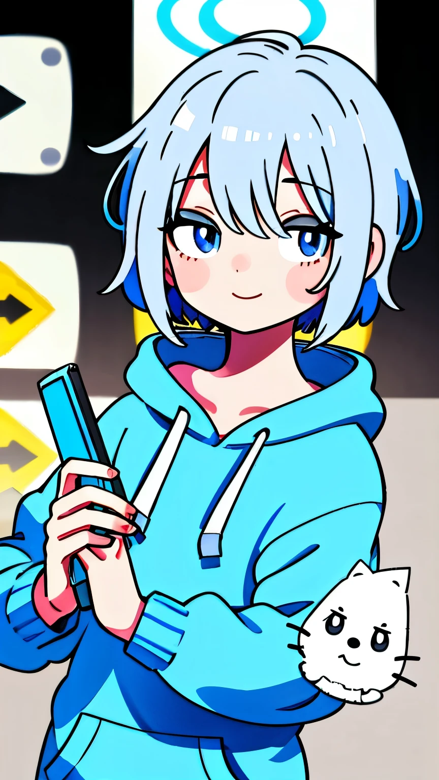 mash hair short hair Blue Hair I'm wearing a blue hoodie with headphones 1 male smile my iris is yellow Narrow eyes My cheeks are white cold My whole body is on camera I'm delighted