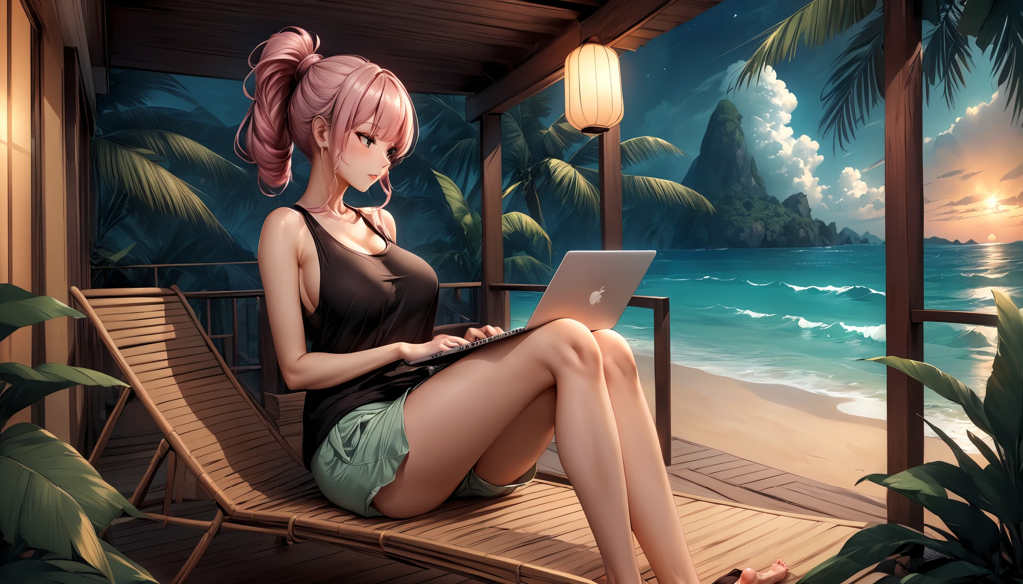 "A woman med boobs with pastel green and pink hair tied in a ponytail sits barefoot on a bamboo chair on a rooftop balcony overlooking a tropical island. She is dressed in a black tank top and loose beach shorts, typing on her laptop. A cup of coffee sits nearby, and the distant sound of waves reaching the shore blends with the gentle rustling of palm trees. The sky above is filled with stars, and the warm glow of lanterns on the balcony adds to the peaceful, island-night ambiance."
