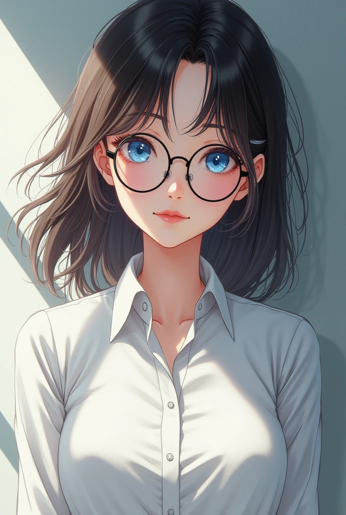 a young woman sitting cross-legged on a bed, wearing glasses, beautiful detailed eyes, beautiful detailed lips, extremely detailed eyes and face, long eyelashes, introspective expression, photorealistic, high quality, digital painting, warm lighting, muted colors, surreal, Yoshitomo Nara inspired