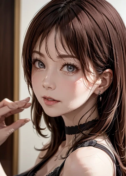 masterpiece, best quality , ultra detail ,8k,Detailed light,Detailed Shadows,born, ( detailed skin),( realistic:1.2),
 from the side 1 girl ,face,
Pilyeon,  Audience ,  choker ,  necklace, piercing above spo,  white background, heart,   closed mouse,  gray eyes,   simple background, ear  piercing above spo, black  choker , 笑face,  eyelash , lips, emotional composition, bangs,  finger tip 
