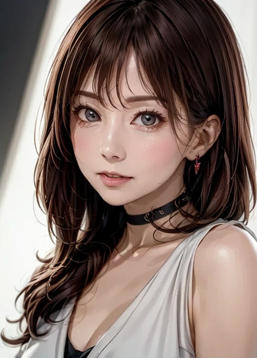 masterpiece, best quality , ultra detail ,8k,Detailed light,Detailed Shadows,born, ( detailed skin),( realistic:1.2),
 from the side 1 girl ,face,
Pilyeon,  Audience ,  choker ,  necklace, piercing above spo,  white background, heart,   closed mouse,  gray eyes,   simple background, ear  piercing above spo, black  choker , 笑face,  eyelash , lips, emotional composition, bangs,  finger tip 
