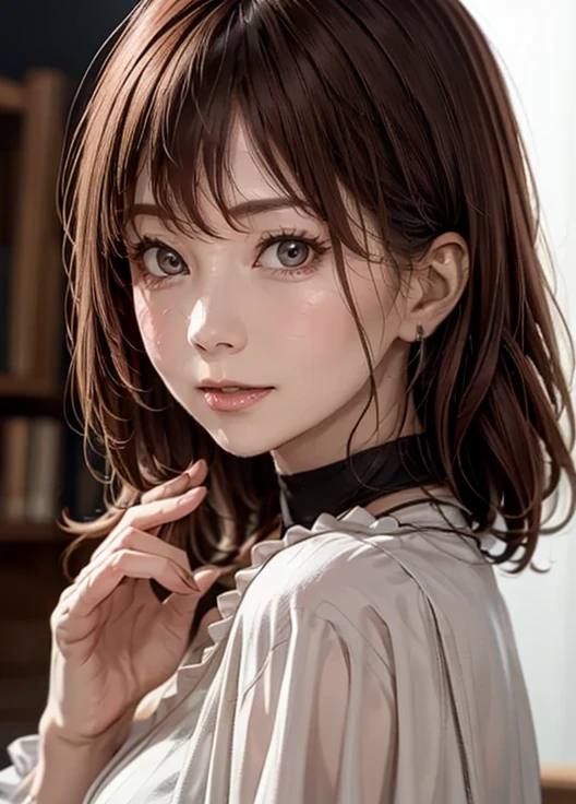 masterpiece, best quality , ultra detail ,8k,Detailed light,Detailed Shadows,born, ( detailed skin),( realistic:1.2),
 from the side 1 girl ,face,
Pilyeon,  Audience ,  choker ,  necklace, piercing above spo,  white background, heart,   closed mouse,  gray eyes,   simple background, ear  piercing above spo, black  choker , 笑face,  eyelash , lips, emotional composition, bangs,  finger tip 
