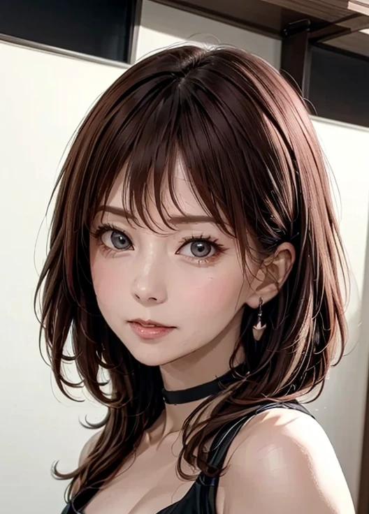 masterpiece, best quality , ultra detail ,8k,Detailed light,Detailed Shadows,born, ( detailed skin),( realistic:1.2),
 from the side 1 girl ,face,
Pilyeon,  Audience ,  choker ,  necklace, piercing above spo,  white background, heart,   closed mouse,  gray eyes,   simple background, ear  piercing above spo, black  choker , 笑face,  eyelash , lips, emotional composition, bangs,  finger tip 
