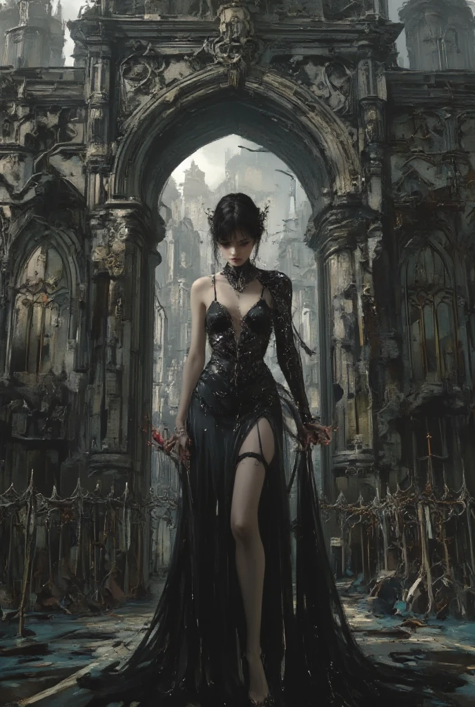 anime, artwork, woman in black gothic dress standing at the gate of an old castle, revealing, feminine gothic aesthetic, close details, detailed shot, clear details, artsy love blow style, silkscreen art, close photo, extra fine ink details, silkscreen print, highly detailed, vulgar