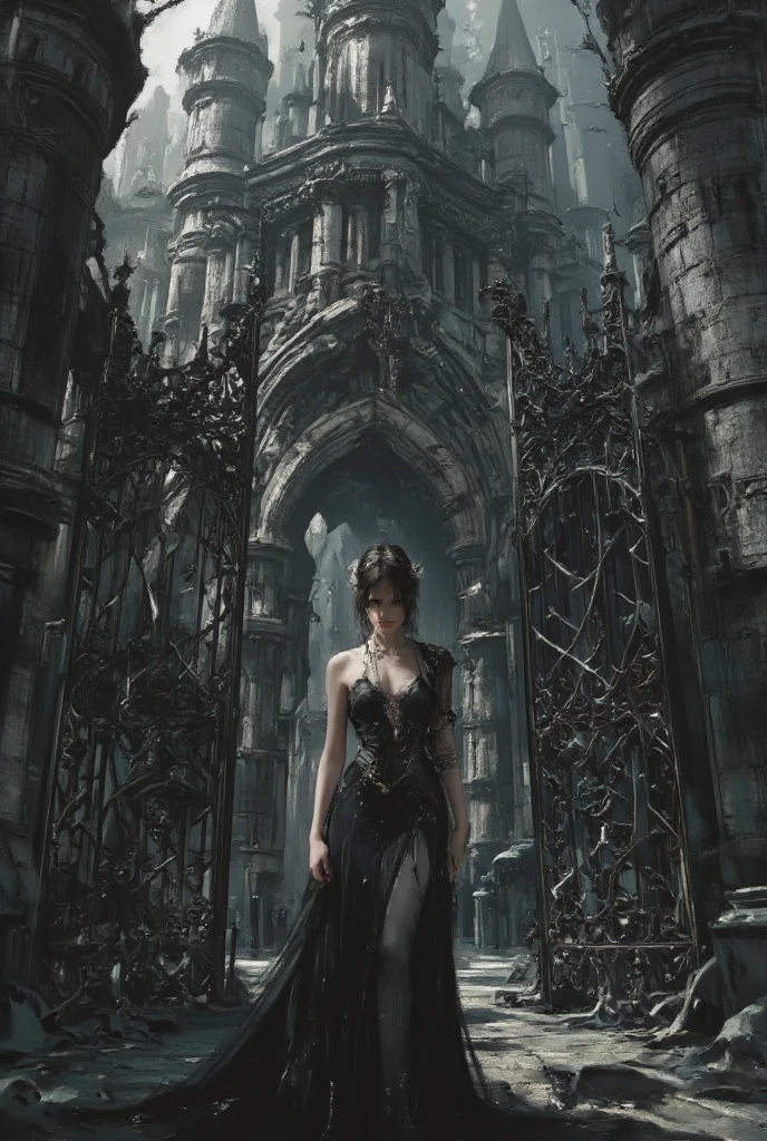 Anime, artwork, woman in black gothic dress standing at the gate of an old castle, revealing, full body tattoos, feminine gothic aesthetic, close details, detailed shot, clear details, artsy love blow style, silkscreen art, close photo, extra fine ink details, silkscreen print, highly detailed, vulgar