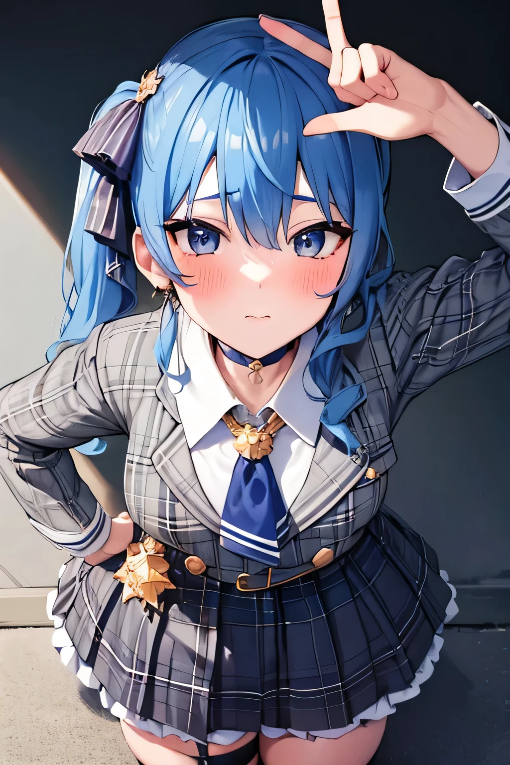 8k,best quality,masterpiece, highest quality, High resolution, SUI1, 1 girl, alone, side ponytail, hoshimachi suisei, small tit,slender, fingerless gloves, single thigh high, jewelry, single socks, thigh strap, bracelet, blue socks, button, single knee high, plaid dress, blue choker, blue belt, plaid skirt, mini crown, gray skirt, blue ascot, long sleeve, Plaid jacket, cowboy shot, perfect finger, blush, face down,(prostration) ,making a peace sign
