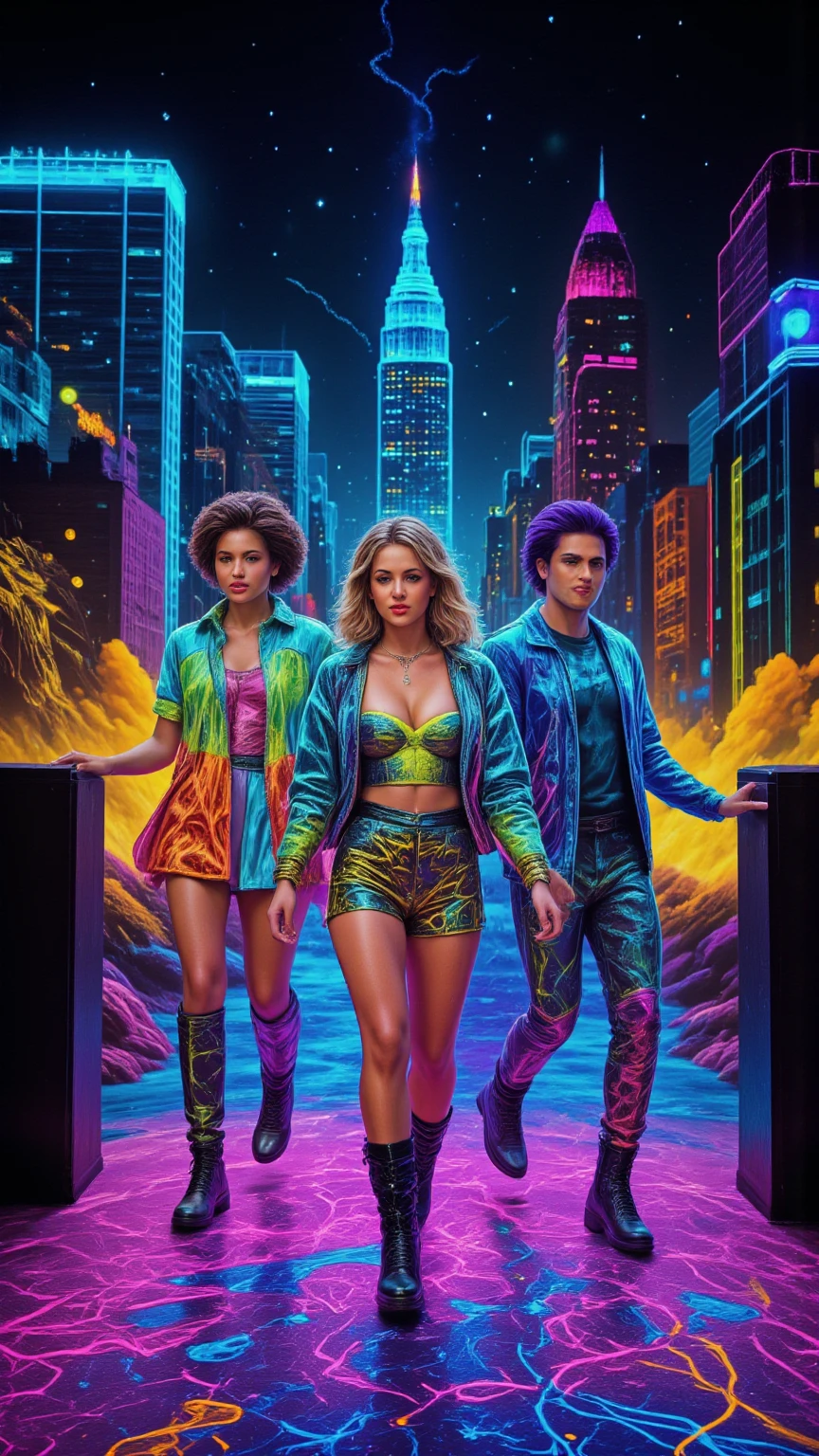 Create a hyper-realistic depiction of a vibrant 1980s music stage set against a dazzling neon cityscape. The scene features a dynamic fashion models, showcasing unique 80s style clothing, complete with bold patterns and extravagant accessories. Capture the raw emotion and excitement of the moment, with models strutting confidently under bright neon lights, surrounded by an serialism fantasy dreamy magical objects immersed in the spectacle. Incorporate unusual and vibrant colors, with a backdrop of holographic elements and psychedelic designs, evoking a sense of trippy nostalgia. Include intricate details like a honeycomb pattern in the stage design, enhancing the overall atmosphere of this magical, electrifying night.