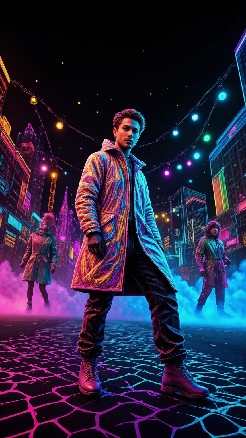 Create a hyper-realistic depiction of a vibrant 1980s music stage set against a dazzling neon cityscape. The scene features a dynamic fashion models, showcasing unique 80s style clothing, complete with bold patterns and extravagant accessories. Capture the raw emotion and excitement of the moment, with models strutting confidently under bright neon lights, surrounded by an serialism fantasy dreamy magical objects immersed in the spectacle. Incorporate unusual and vibrant colors, with a backdrop of holographic elements and psychedelic designs, evoking a sense of trippy nostalgia. Include intricate details like a honeycomb pattern in the stage design, enhancing the overall atmosphere of this magical, electrifying night.