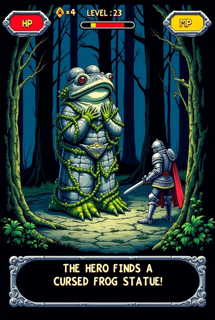 8-bit computer game screen, RPG game screen, scene where the hero in knight costume finds a big creepy cursed frog statue with grey old stone texture wrapped vines in a deep forest. (The two lines of gauges that "HP" red gauge and "MP" yellow gauge are displayed on the top left of the screen.) ("LEVEL:23" are displayed on the top right of the screen.), (Message frame in large letters "THE HERO FINDS A CURSED FROG STATUE!" is displayed at the bottom of the screen.)