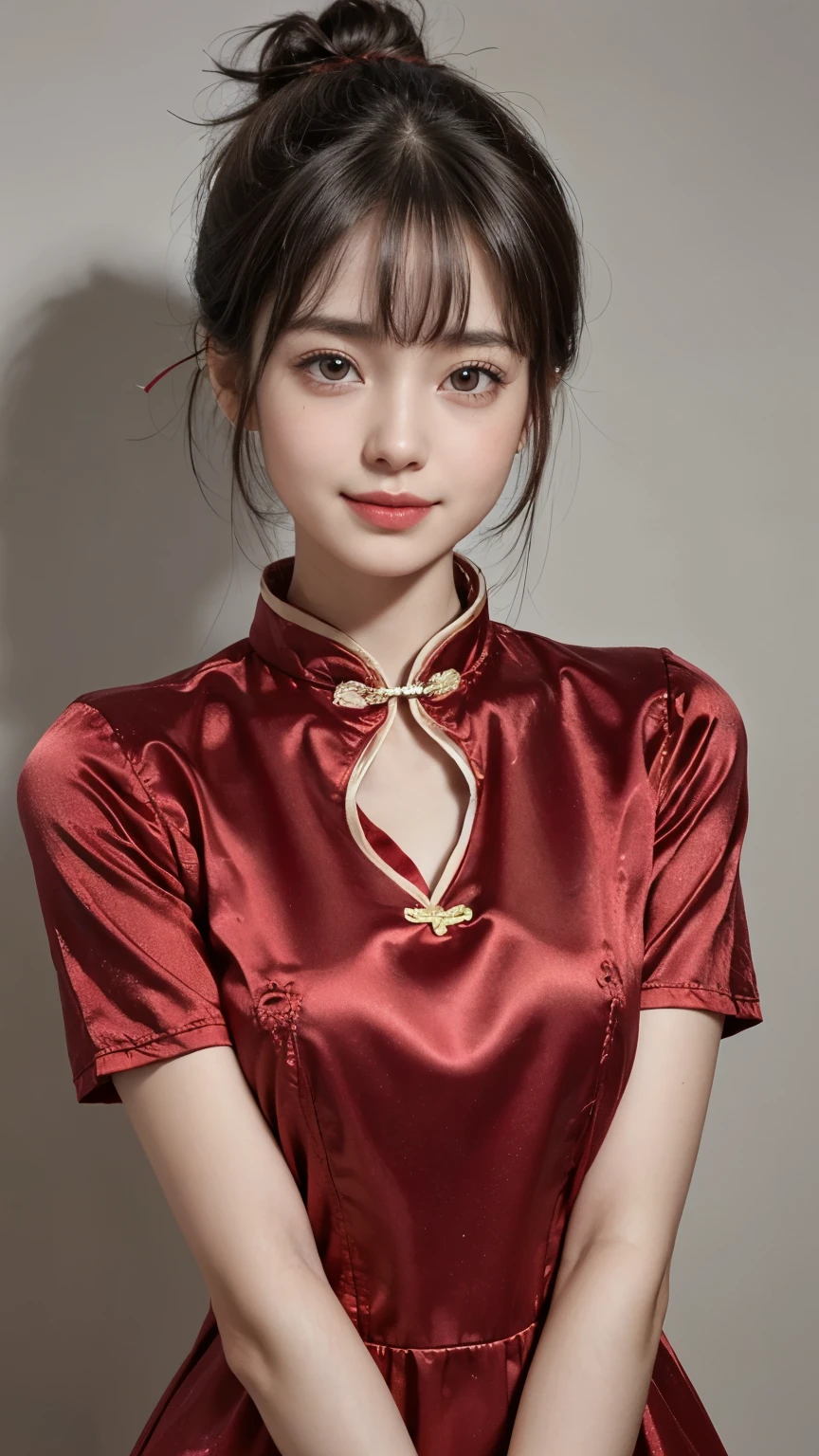 ((sfw:1.4)), ((sfw, Classic Chinese red dress, bony body, smile, 1 girl)), ultra high resolution, (real:1.4), RAW photo, highest quality, (photorealistic), focus , Soft light, ((Shiny platinum silk super long straight hair, beautiful shiny bangs, big clear eyes, very beautiful bright eye highlights)), (((Young face))), (Surface), (Depth of field), Masterpiece, (Photoreal), Woman, Bangs, (double messy bun, Hindi hair), 
