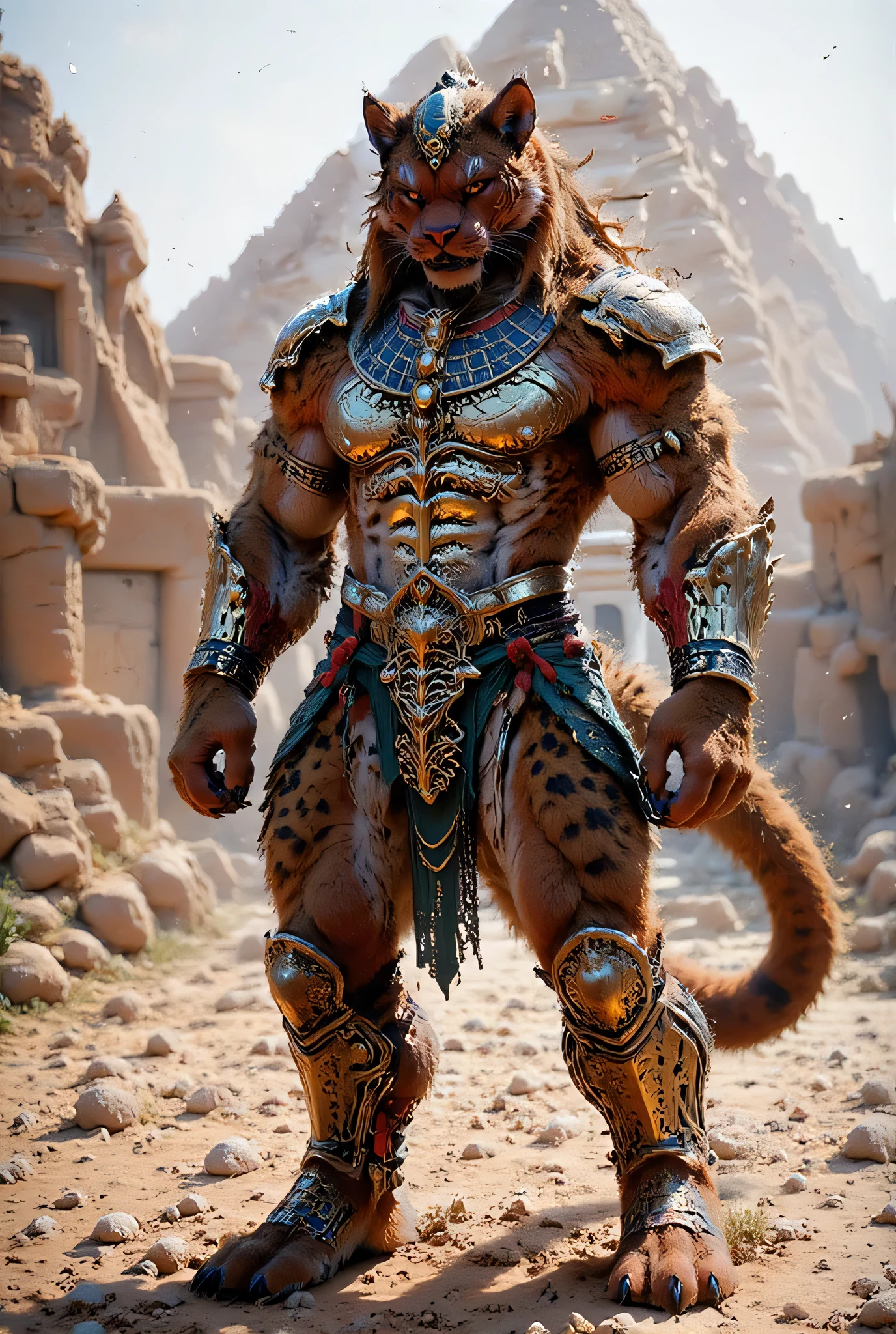 A powerful lioness warrior, wearing ornate golden armor and a headdress, holding a scimitar in one hand. The character stands in front of ancient pyramids, exuding a regal and fearless aura.