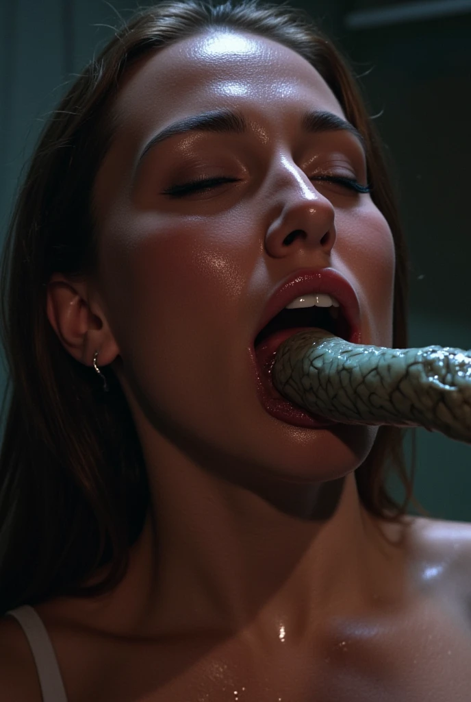 high quality scene from a movie. A gorgeous woman has an alien tentacle shoved own her throat. The stunningly attractive woman has a tube shoved down her throat. The tentacle is deep down her throat. Scene from a sci fi movie. Her eyes are closed. She has high resolution sweaty skin. Stunningly attractive woman with a tentacle shoved down her throat. Cinematic lighting. High quality shot.