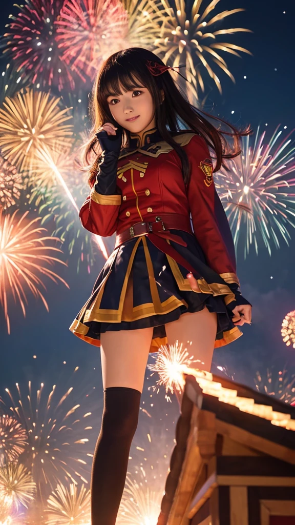 Japanese female, a lot of details, (underweight), detailed black hair, beautiful detailed hair, super fucking beautiful, delicate beautiful face, complex details beautiful and delicate eyes, perfect hands, (flat chest best quality:1.5), perfect and delicate limbs, detailed skin, best quality, ultra-detailed,(cheerful grin:1.5),
(festival), delightful, waving at the camera, side tail, (red skirt), (cream jacket), Japanese, in the festival, (with fireworks), full body shot, low angle shot