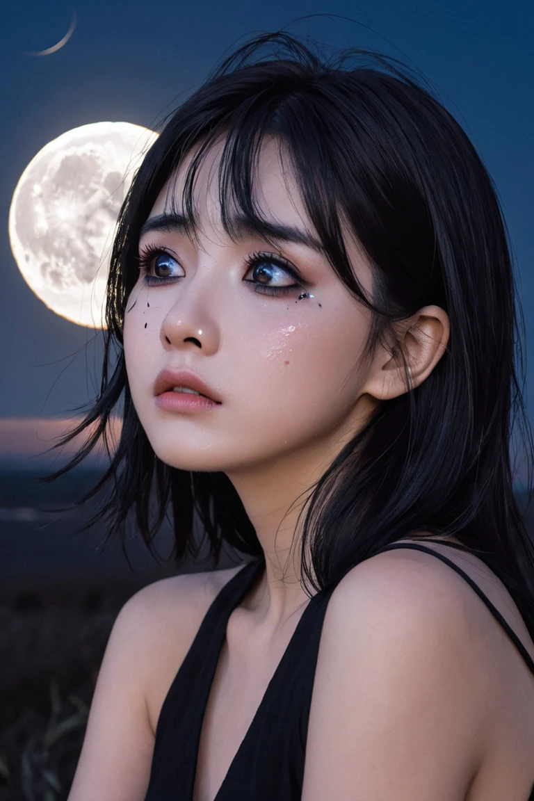 A girl with black hair and sharp black eyes looks at the moon and is crying 