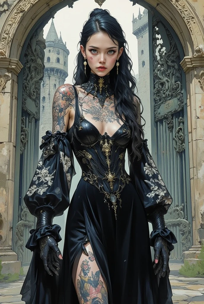 Anime, artwork, woman in black gothic dress standing at the gate of an old castle, revealing, full body tattoos, feminine gothic aesthetic, close details, detailed shot, clear details, artsy love blow style, silkscreen art, close photo, extra fine ink details, silkscreen print, highly detailed, vulgar