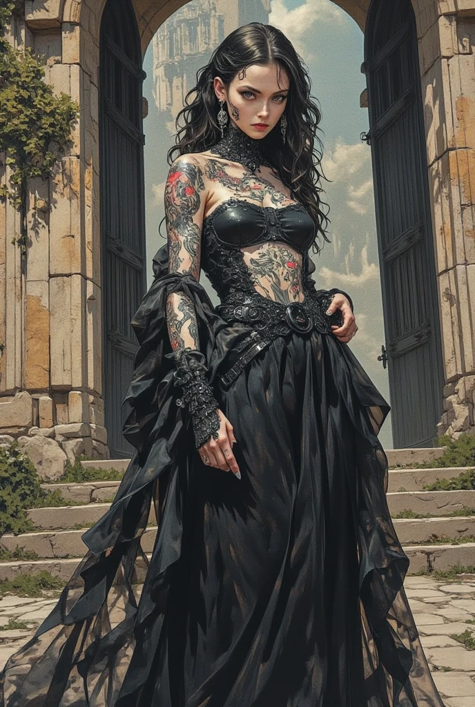 Anime, artwork, woman in black gothic dress standing at the gate of an old castle, revealing, full body tattoos, feminine gothic aesthetic, close details, detailed shot, clear details, artsy love blow style, silkscreen art, close photo, extra fine ink details, silkscreen print, highly detailed, vulgar