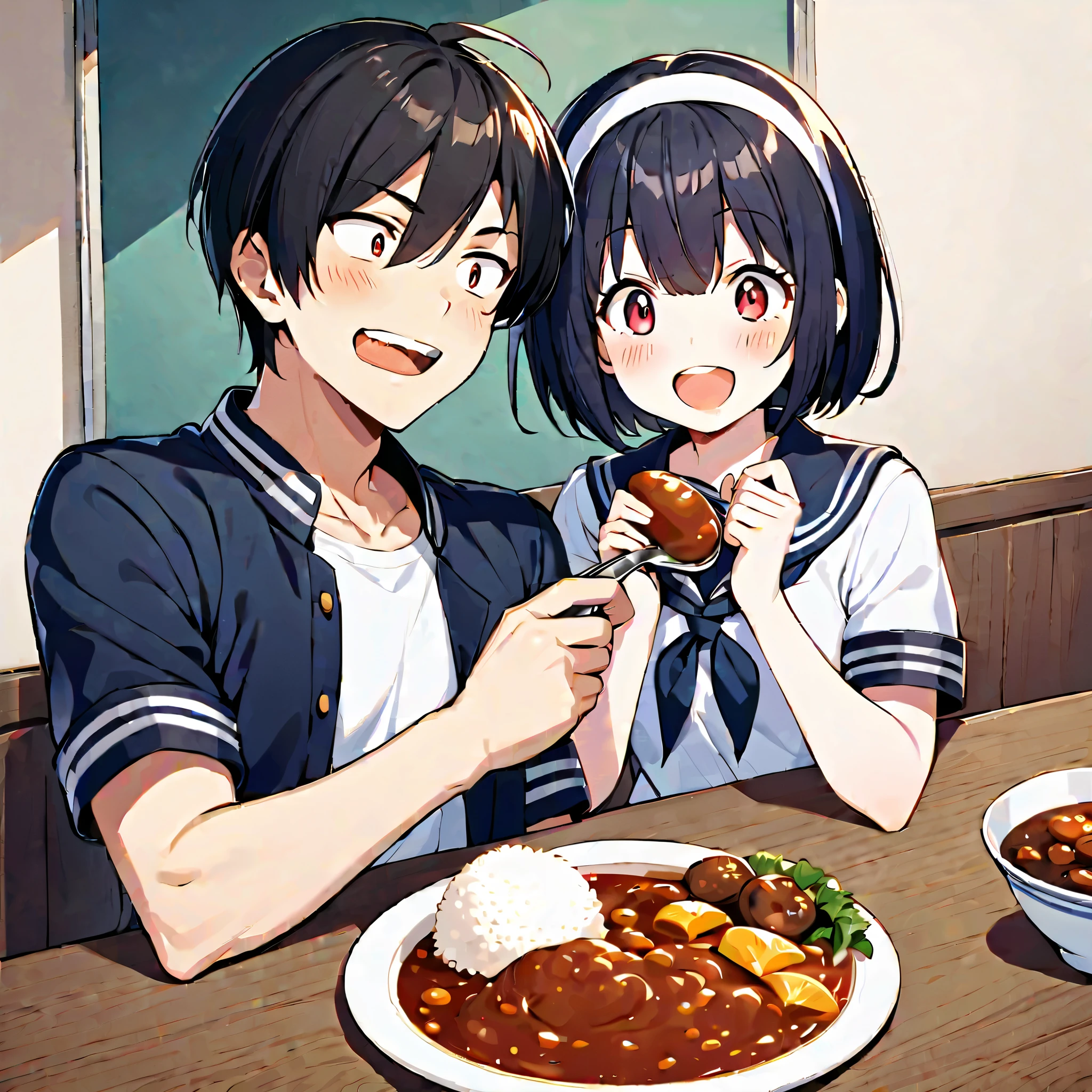 1girl, blush, short hair, open mouth, bangs, seifuku, black hair, red eyes, 1boy, holding, sitting, jacket, white shirt, short sleeves, hairband, food, open clothes, teeth, indoors, white skin, seifuku, cup, sailor, siblings, eating, table, plate, bowl, wide-eyed, white hairband, spoon, brother and sister, rice, holding spoon, curry, smile and funny.