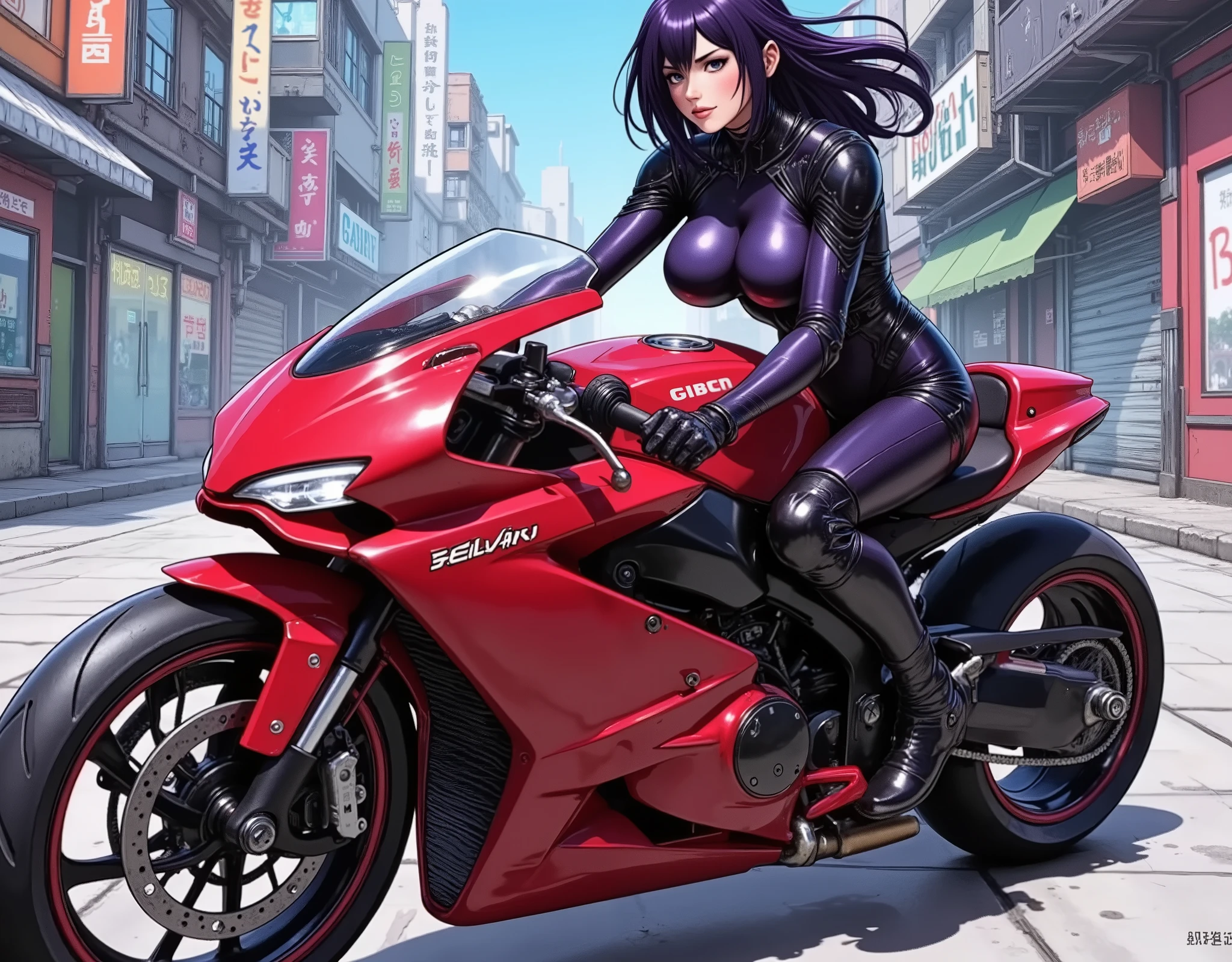 Masterpiece, excellent quality,Milonish, Cinematic experience , very detailed,  best illustration,  Ultra Fine,16k, wallpaper, 1 Woman ,  cyberpunk ,   android woman riding a red motorcycle,  beautiful faces,  beautiful eyes, detailed facial description ,  hair ,Serious,  sexy,  hair  ,  dynamic angle ,The background is cyberspace  