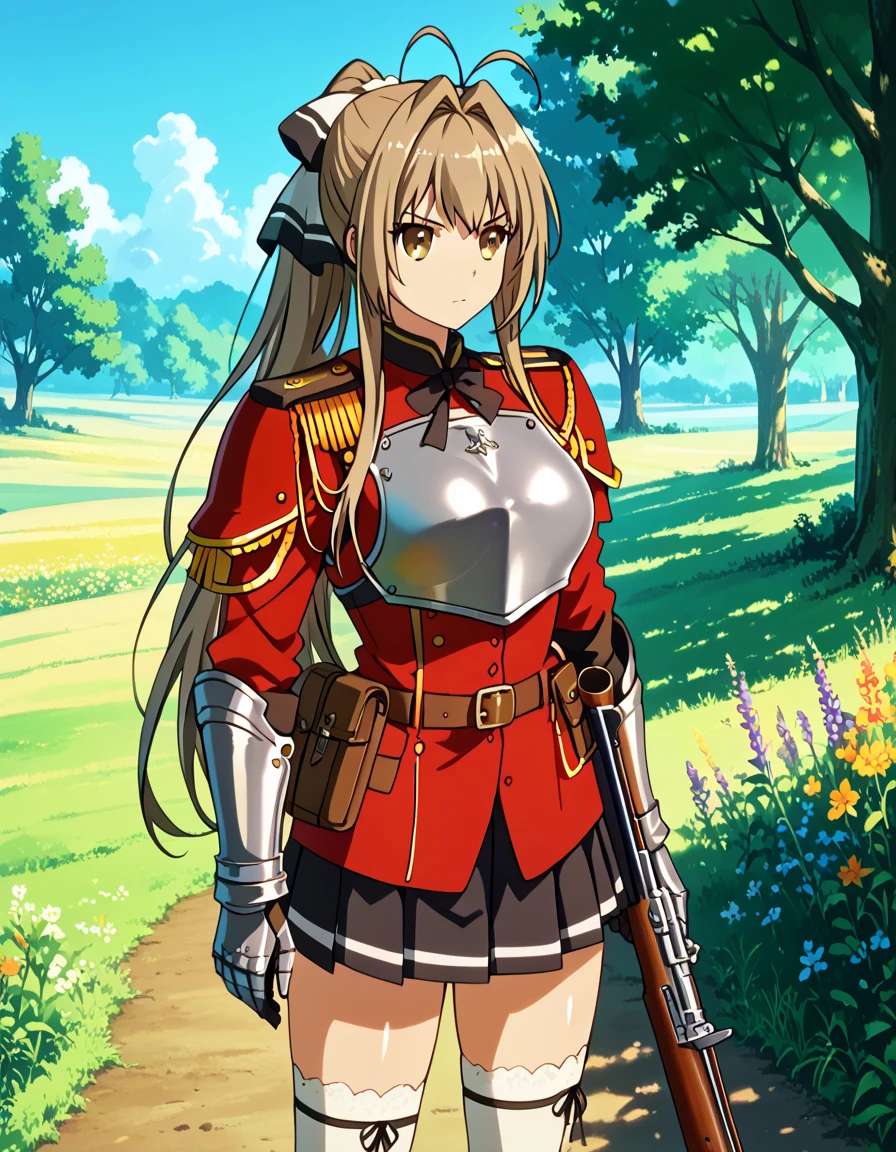 highly detailed, high quality, masterpiece, beautiful, anime style, score 9, score 8 up, source anime, best quality, amazing quality, very aesthetic, high resolution, ultra-detailed, newest, scenery, depth of field, scenery, high brightness, high contrast, full body, 
isuzu sento, long hair, brown hair, bow, ponytail, antenna hair, brown eyes, medium breasts, 
red uniform, military uniform, long sleeves, (breastplate:1.6), (shoulder armor:1.3), (gauntlets:1.3), aiguillette, bowtie, pleated skirt, black skirt, frills, zettai ryouiki, belt pouch, thigh strap, white thighhighs, black boots, 
(shiny skin:1.3), latex, slender, curvy, wedgie, rifle, hold a rifle and take aim, serious, glaring, 
outdoor, fantasy, field, one tree, wild animals, 
1girl, solo, nsfw, 