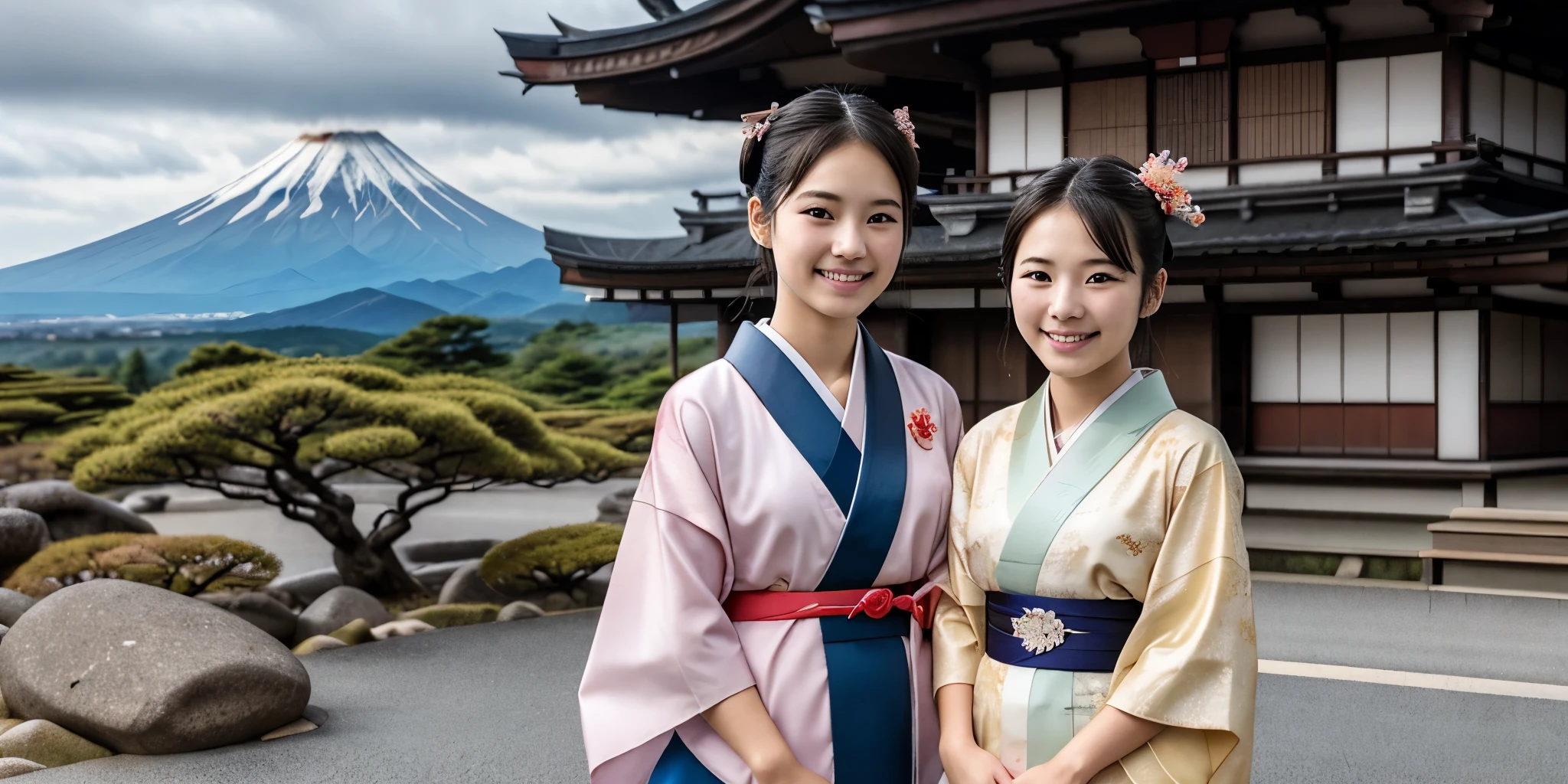 Two 15-year-old beautiful girls, kimono, Kyoto, Mt. Fuji, sea, rocks