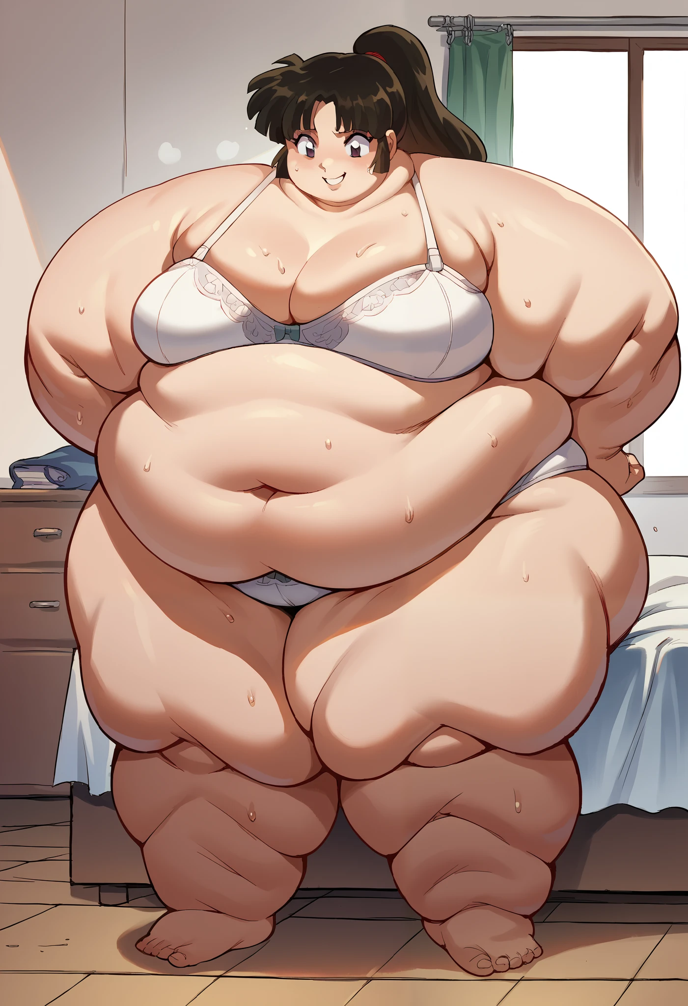 score_9, score_8_up, score_7_up, source_anime BREAK 1girl, Sango, white bra and panties,,, bedroom, smile, sweating, growing fatter, fat, chubby, obese, full body shot, gigantic arms and legs, perfect quality,