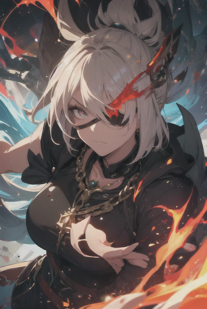 elf, silver hair,short hair, medium cut, ahoge, curly hair,scarlet eyes,slender,fair skin, Mediovale, , fear, solo, scared, sad, lonely, smart, with tears in eyes, with crazy eyes, fire effect, chain, dark fantasy, dark atmosphere, Traumacore, Collar with chain, 