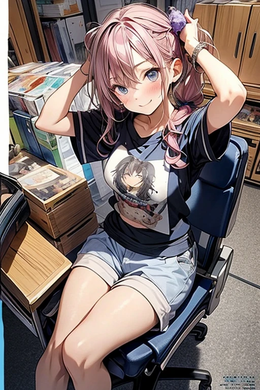 (masterpiece), (best quality), detailed, a otaku girl, soro, twintails, long wavy hair twintails.hairs between eyes,dark blue eyes ,smile, masterpiece, best quality, newest,(perky chest:1.2), (pointed chest:1.2),(from below:1.2,Best Quality),a girl , darkplatinum color hair、otaku uniform:1.2,Purplish blue eyes that dreamers desire, ((Otaku girl)),gloomy, messy hair, hair over eyes, blushing face,armpits hair, (harf sleeve t-shirt),shorts, sitting on gaming chair, otaku room,playing PC-game:1,3,medium breasts, skinny,open mouth, (otaku game magazine cover:1.6),(with sparkling eyes and a contagious smile),her thin pubic hair:1.2, looking at viewer