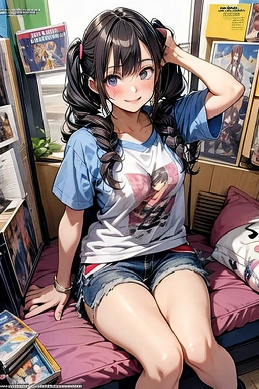 (masterpiece), (best quality), detailed, a otaku girl, soro, twintails, long wavy hair twintails.hairs between eyes,dark blue eyes ,smile, masterpiece, best quality, newest,(perky chest:1.2), (pointed chest:1.2),(from below:1.2,Best Quality),a girl , darkplatinum color hair、otaku uniform:1.2,Purplish blue eyes that dreamers desire, ((Otaku girl)),gloomy, messy hair, hair over eyes, blushing face,armpits hair, (harf sleeve t-shirt),shorts, sitting on gaming chair, otaku room,playing PC-game:1,3,medium breasts, skinny,open mouth, (otaku game magazine cover:1.6),(with sparkling eyes and a contagious smile),her thin pubic hair:1.2, looking at viewer