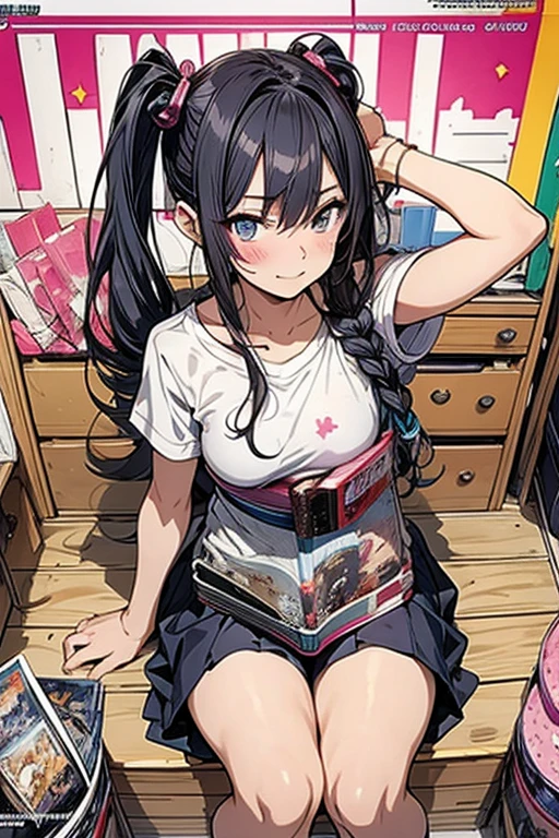 (masterpiece), (best quality), detailed, a otaku girl, soro, twintails, long wavy hair twintails.hairs between eyes,dark blue eyes ,smile, masterpiece, best quality, newest,(perky chest:1.2), (pointed chest:1.2),(from below:1.2,Best Quality),a girl , darkplatinum color hair、otaku uniform:1.2,Purplish blue eyes that dreamers desire, ((Otaku girl)),gloomy, messy hair, hair over eyes, blushing face,armpits hair, (harf sleeve t-shirt),shorts, sitting on gaming chair, otaku room,playing PC-game:1,3,medium breasts, skinny,open mouth, (otaku game magazine cover:1.6),(with sparkling eyes and a contagious smile),her thin pubic hair:1.2, looking at viewer