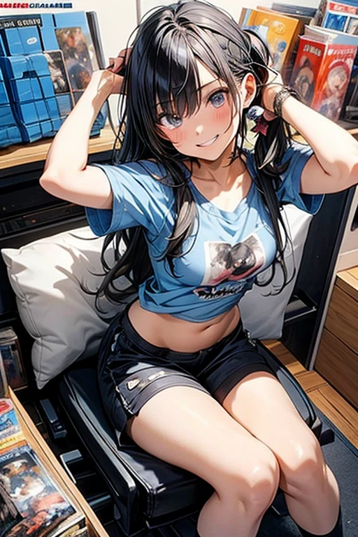 (Masterpiece), ( best quality ),   Details,  Otaku Girl  , difficult,  Twin Tails, long wavy hair  Twin Tails.hair between eyes, Dark Blue Eyes  ,smile, Masterpiece,  best quality , up to date,( taut chest:1.2), (Pointed Chest:1.2),(from below:1.2, best quality ), girl  ,  dark platinum colored hair  、Otaku uniform :1.2,  purplish blue eyes that the dreamer wants , ((Otaku Girls)), dark,  messy hair, Hair above the eyes, blush,Armpit hair, (  half sleeve t-shirt  ), shorts,  sitting in a gaming chair , Otaku Room,Play PC Games  :1,3, medium breasts,  skinny, open your mouth, ( nerd game magazine cover :1.6),(with sparkling eyes and a contagious smile),Her Thin Pubic Hair :1.2,  stare at viewers