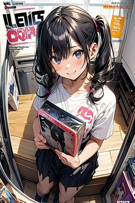 (Masterpiece), ( best quality ),   Details,  Otaku Girl  , difficult,  Twin Tails, long wavy hair  Twin Tails.hair between eyes, Dark Blue Eyes  ,smile, Masterpiece,  best quality , up to date,( taut chest:1.2), (Pointed Chest:1.2),(from below:1.2, best quality ), girl  ,  dark platinum colored hair  、Otaku uniform :1.2,  purplish blue eyes that the dreamer wants , ((Otaku Girls)), dark,  messy hair, Hair above the eyes, blush,Armpit hair, (  half sleeve t-shirt  ), shorts,  sitting in a gaming chair , Otaku Room,Play PC Games  :1,3, medium breasts,  skinny, open your mouth, ( nerd game magazine cover :1.6),(with sparkling eyes and a contagious smile),Her Thin Pubic Hair :1.2,  stare at viewers