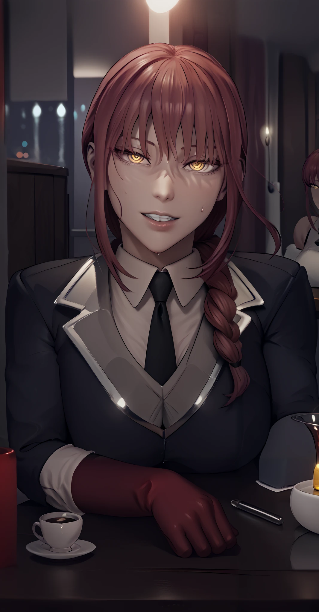 maidoll, score_9, score_8_up, score_7_up, score_6_up, uncensored, Makima, maroon hair, braided ponytail, ringed eyes, yellow eyes, naughty face, shiny skin, sweating, BREAK UHD, retina, masterpiece, accurate, anatomically correct, textured skin, super detail, high details, high quality, award winning, best quality, highres, 4K BREAK, hearts, pleasured, Expressiveh, clenched teeth, elbow gloves, head rest, table, cup, head rest, gloves, necktie, bokeh, spotlight, looking at viewer, half-closed eyes, shaded face,