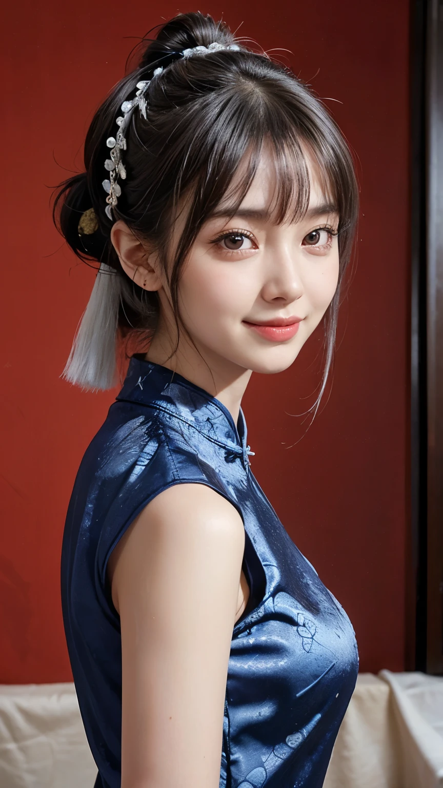 ((sfw:1.4)), ((sfw, Classic Chinese flower pattern blue dress, bony body, smile, 1 girl)), ultra high resolution, (real:1.4), RAW photo, highest quality, (photorealistic), focus , Soft light, ((Shiny platinum silk super long straight hair, beautiful shiny bangs, big clear eyes, very beautiful bright eye highlights)), (((Young face))), (Surface), (Depth of field), Masterpiece, (Photoreal), Woman, Bangs, (double messy bun, Hindi hair), (background:Chinese restaurant)
